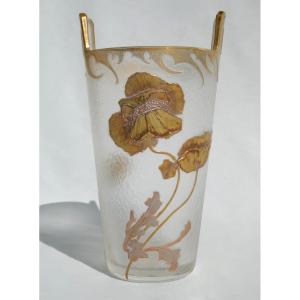 Vase Epoque Art Nouveau , Montjoye Legras Saint Denis , Verre Emaill&eacute; Degag&eacute; &agrave; l&#039;Acide XIXe , 