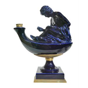 d'Aprés Thomire , Grand Bougeoir / Lampe à Huile En Porcelaine Bleu Cobalt , Style Empire XIXe