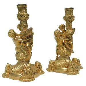 Pair Of Gilt Bronze Candlesticks, Henri Picard, After Juste Aurèle Meissonnier, Louis XV 