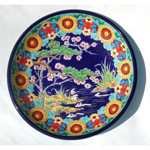 Large Longwy Earthenware Dish, Enamels, Japanese Decor, Paul Mignon Art Deco