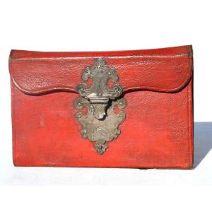 18th Century Wallet, Red Leather Morocco, Royalist Souvenir Fleur De Lys 