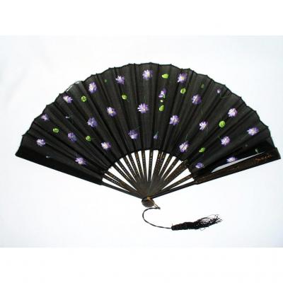 Fan From Vintage 1880 Bal De Violettes Painting On Black Chiffon.