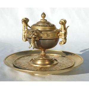 Napoleon III Period Gilt Bronze System Inkwell, 19th Century Table Bell And Pen Holder