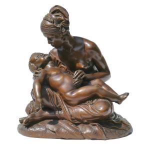 Large Bronze Group Maternal Tenderness Signed Jean Joseph Jaquet Orientalist Sculpture