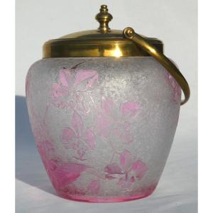 Baccarat Crystal Biscuit Bucket Acid Etched Orchid Decor, Art Nouveau, Pink