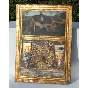 18th Century Wooden Panel, Italian Pieta, Religious Painting Heraldic Coats Of Arms