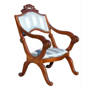 Fauteuil Curule à Systeme Style Charles X Epoque XIXe Siecle Prie Dieu Acajou & Soie Mecanisme