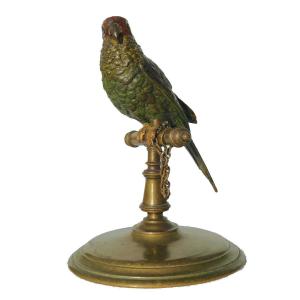 Animal Bronze Napoleon III Period, Parakeet / Parrot On Perch, Vienna Franz Bergman