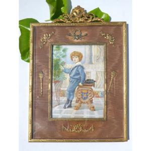 Large Royalist Miniature Cahen d'Anvers Family, Child With Coat Of Arms, Count, 19th Century Gilded Frame