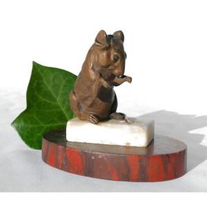 Sculpture, Animal Bronze, Mouse On Sugar Cube, Alphonse Alexandre Arson, 19th Century