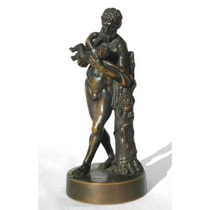 Antique Bronze, Souvenir Of The Grand Tour, 19th Century, Silene Carrying Bacchus, Nude Man