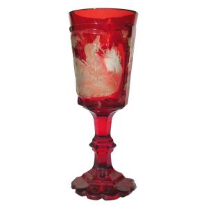 Grand Calice / Hanape En Cristal De Boheme Rouge Grenat , Decor Sylvestre Et Cerfs Napoleon III