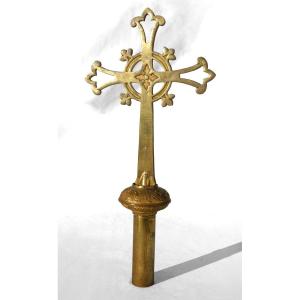 Croix De Procession En Bronze Dore , Epoque XIXe , Objet Lithurgique Neo Byzantin