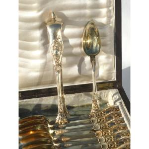 Sterling Silver Vermeil Dessert Set 12 Small Spoons & Sugar Tongs 19th Century Case