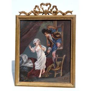 Watercolor Painting, Erotic Subject, Curiosa, Miniature After Pierre Philippe Choffard 19th Century