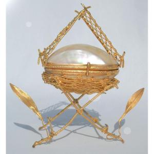 Jewelry Box / Ring Sizer Napoleon III 19th Century, Mother-of-pearl & Pomponne, Box, Egg Case & Its Nest