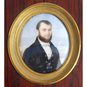 Grande Miniature Peinte Aquarelle , Portrait De Jeune Homme 1830 , Cadre Palissandre XIXe Dandy