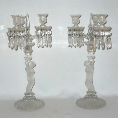 Pair Of Candlesticks / Candelabra Crystal Poli Frosted Baccarat, Putti XIXth Angletos