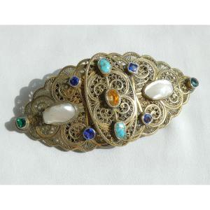 Solid Silver Belt Buckle Semi Precious Stones Filigree 19th Century, Austro Hungarian Style