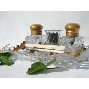 Double Encrier En Cristal De Baccarat , Bambou Tors XIXe , Essuie Plume Objet d'Ecriture Bureau