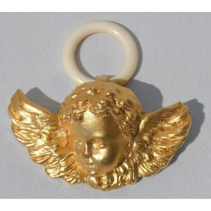 Hanging Crib Angel, 1900s Period, Gilt Bronze, Baptismal Cross, Putto, Ring