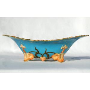 Jardiniere De Table En Porcelaine , Martin Charles , Art Nouveau Décor d'Orchidées , Vide Poche