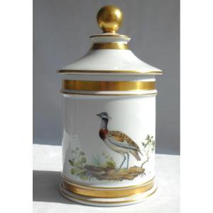 Covered Apothecary Jar Limoges Porcelain Bustard Decor Painted Bird 19th Century Buffon Style