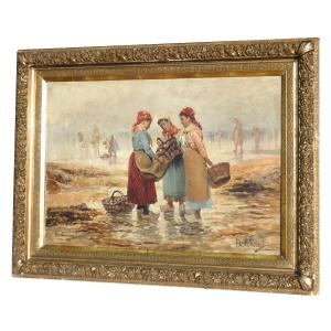 Large Oil On Canvas Napoleon III Period, Fisherwomen, Seaside Signed Henri De Breval 19th Century