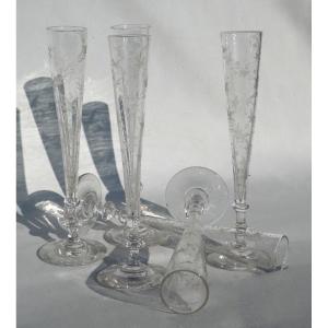 Set Of 6 Engraved Crystal Flutes From Clichy, 19th Century, Vodka, Liqueur, Glasses