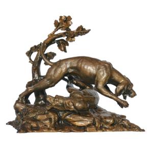 Sculpture En Bronze , Sujet Animalier , Deux Chiens De Chasse / Meute , Signé H. Pain XIXe