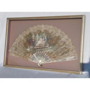 Fan, 1880s Period, Gallant Scene, Framed Object, 19th Century, Fashion, Painted Silk Muslin