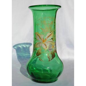 Vase Art Nouveau En Verre Emaillé , époque XIXe , Theodore Legras , Fleurs Lys 