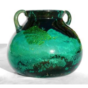 Vase Boule En Verre Art Deco , Vert Emeraude & Or , Daum Nancy , Anses , 1920 Croix De Lorraine