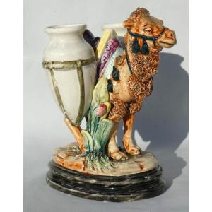 Orientalist Bouquetiere Napoleon III Period, 19th Century Barbotine, Camel With Jars Vase