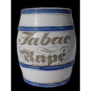 Nevers Faience Tobacco Jar, 19th Century Barrel, Centre Region, France Napoleon III