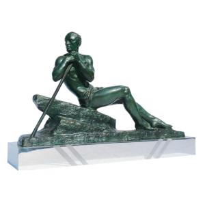 Sculpture En Bronze Art Deco , Homme Torse Nu , Le Barreur Signé Pierre Le Faguays 1920