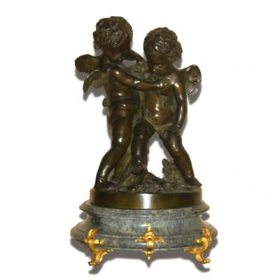 Large Sculpture Bronze, Pair Of Cherubs / Angels Signed Falconet Amours, Marble Pedestal Nineteenth
