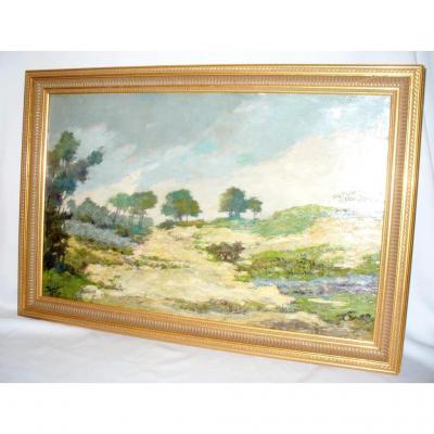 Oil On Canvas Impressionist Landscape Of Dunes Around 1910 Signed Del Rio, Framing