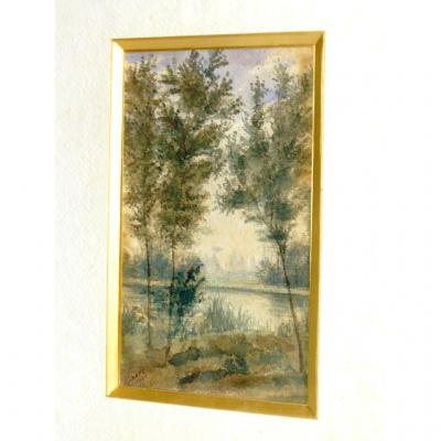 Watercolor Dating From The End Nineteenth Century Decor Lakeside / Bords De Riviere Signed Dated