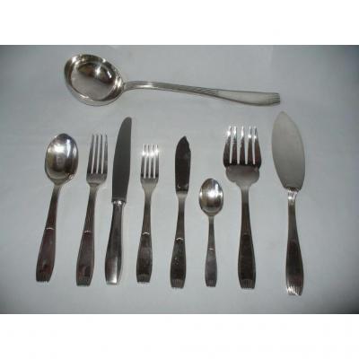 In Metal Cutlery Silver, Christofle Orfevre, Decor Art Deco, 75 Pieces / Cutlery