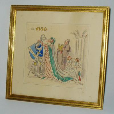 Watercolor Framed, Work Of The Artist George Alfred Pavis, Middle Ages, Chevalier 1930