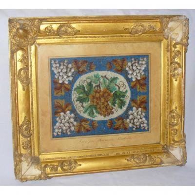 Bead Embroidery Frame Charles X Period, Wooden Framing & Stucco Gilded, Folk Art