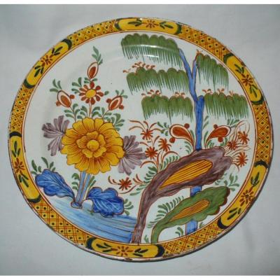 Large Dish In Delft Faience Decor Golden Polychrome Sinisant Chinese Style Eighteenth