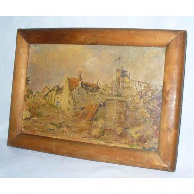 Oil On Canvas, Bombardment Scene, Early 20th Century, World War I, Ww1