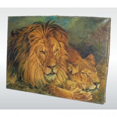 Huile Sur Toile Sujet Animalier "the British Lions" Signé & Daté Lion Fauve Géza Vastagh 1928