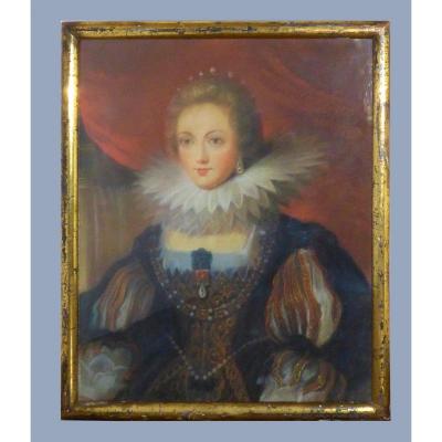 Portrait De La Reine De France Anne d'Autriche Rubens Pastel XIXe épouse Du Roi Louis XIII