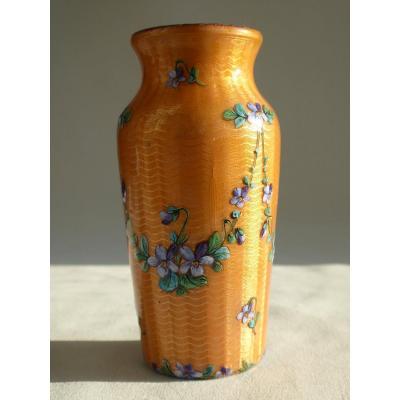 Enamelled Vase Art Nouveau Period, Limoges Decor With Violets, Signed Gamet 1910-1920 Enamel