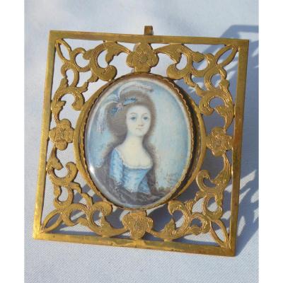 Portrait Miniature Painting Louis XV Period, Signed Young Woman Of Quality XVIII