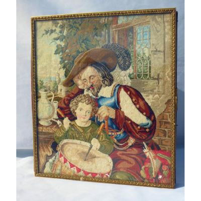 1830 Documents Holder, Troubadour Style Nineteenth, Mail Courier, Tapestry Embroidery