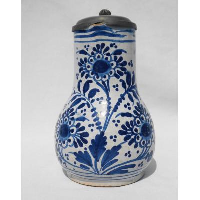 Pitcher / Pitcher In Faience Bailleul (north) Camaieu De Bleu Complete Eighteenth Century Delft Tin